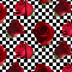A pattern with red roses with green leaves against a black-and-white cell