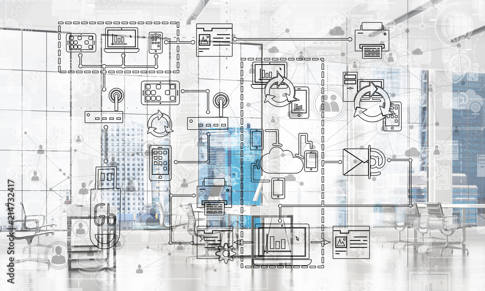 Fototapete technology background image with media interface as connection and networking idea. mixed media