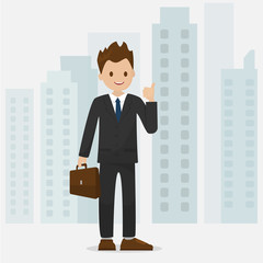 Happy businessman make a thumbs gesture with cityscape.