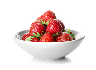 Bowl with sweet ripe strawberries on white background