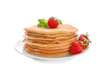 Plate with delicious pancakes and strawberries on white background