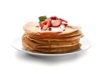 Plate with delicious pancakes, honey and strawberries on white background