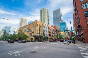 The intersection of Illinois Street and Wells Street in River North, Chicago, Illinois