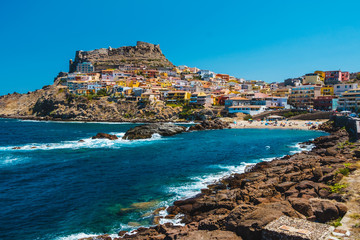CASTELSARDO, ITALY - AUGUST 26, 2017: Beautiful view of Castelsardo, Sardinia, a mediterranean town with colorful houses, in Italy