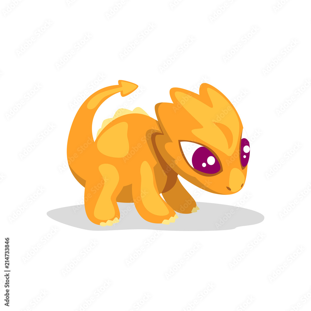 Wall mural cute cartoon orange baby dragon, funny fantasy animal character vector illustration on a white backg