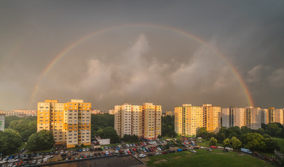 Rainbow at Sunset over Residential District Petrzalka, Bratislava, Slovakia.