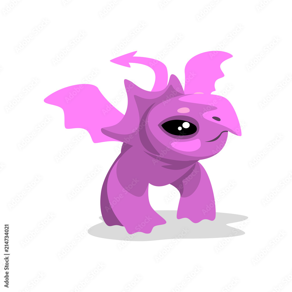 Poster cute cartoon pink baby dragon, funny fantasy animal character vector illustration on a white backgro