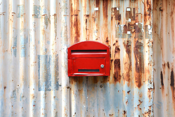 Red mailbox with zince tiles wall, red letter box with zince tiles wall