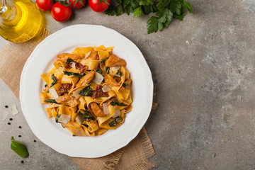 Italian salad, pappardelle pasta, with spinach, grilled chicken and dried tomatoes, sprinkled with flakes of cheese.