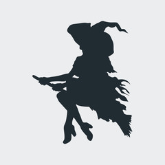 Icono plano silueta bruja en escoba en fondo gris