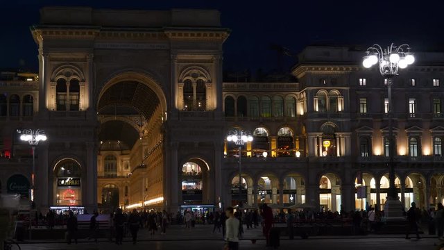 night illuminated milan famous galleria square front panorama 4k italy
