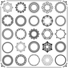 Vintage set of round elements. Different elements for decoration and design frames, cards, menus, backgrounds and monograms. Classic black patterns. Set of vintage patterns