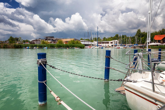 Beautiful view of the marina at the lake, blue sky in the clouds