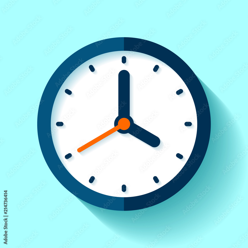 Poster clock icon in flat style, round timer on blue background. four o'clock. simple watch. vector design 