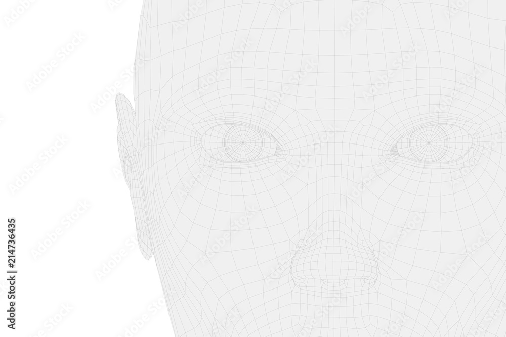 Poster human head in wireframe with front view on white background. 3d reconstruction of the human head as 