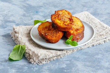 French toast from baguette on a white plate.