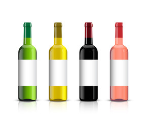 Wine bottle set. Vector wine bottles with shadows and mirror reflection isolated on white background.
