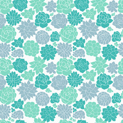 Hand drawn succulent silhouettes seamless vector pattern in blue green and purple shades
