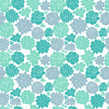 Hand drawn succulent silhouettes seamless vector pattern in blue green and purple shades
