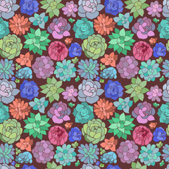 Colorful hand drawn succulent silhouettes seamless vector pattern  on brown background
