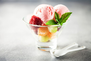 fruit salad and strawberry ice cream
