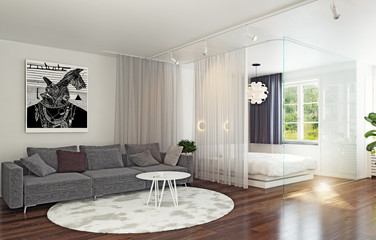 Glass wall bed zone in the  interior.