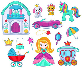 Kids toys vector cartoon girlie games for children in playroom and playing with childish car or girlish doll stroller and princess illustration set of unicorn or dog isolated on white background