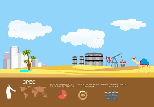 Opec oil producing countries and oil industry theme, vector concept industrial illustration