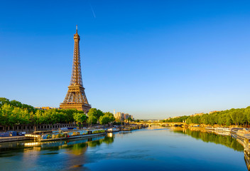 View of Eiffel Tower and river Seine at sunrise in Paris, France. Eiffel Tower is one of the most iconic landmarks of Paris - obrazy, fototapety, plakaty