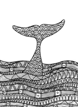 Decorative sea zentangle landscape with lotus. Decorative ornamental pattern for greeting cards, coloring books for adult, print.