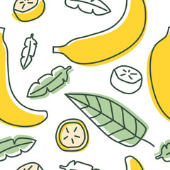 Banana seamless pattern. Hand drawn fresh tropical fruit. Vector sketch background. Doodle wallpaper. Green and yellow print