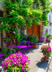 Obraz premium Przytulna ulica z kwiatami i stołami kawiarni w Paryżu, Francja