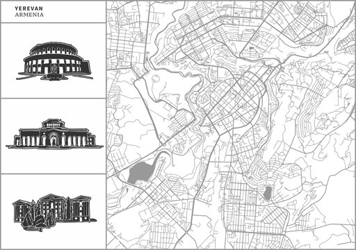 Yerevan city map with hand-drawn architecture icons