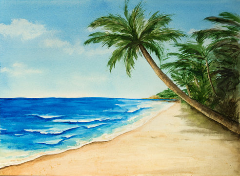 Watercolor seascape with a palm tree