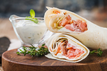 fresh tortilla wrap with salmon