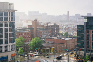 View of Harbor East in the rain, in Baltimore, Maryland
