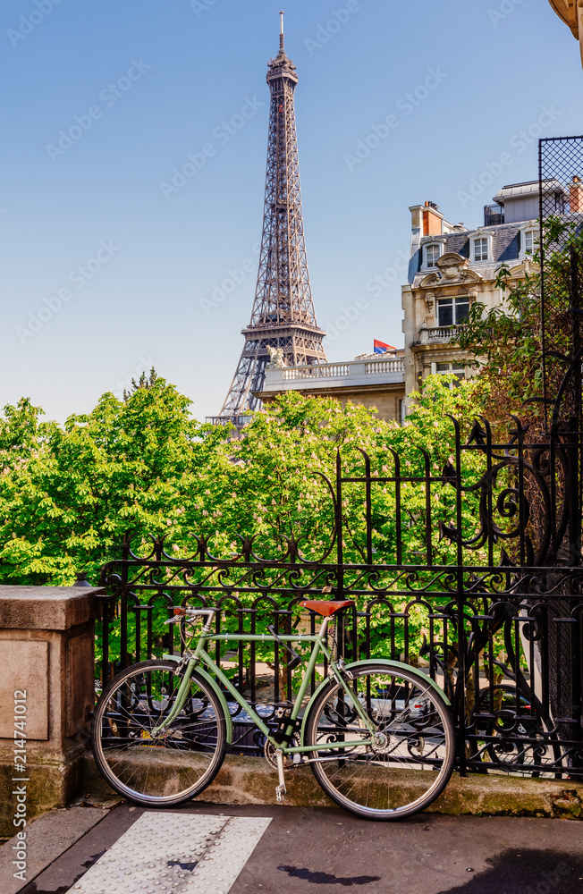 Canvas Prints cozy street with view of paris eiffel tower in paris, france. eiffel tower is one of the most iconic