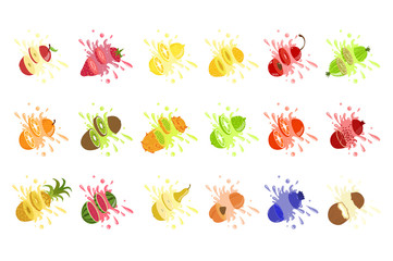 Set of fruit juice splash . Pineapple, strawberry, watermelon, mango, peach, blackberry, raspberry, banana, guava, bueberry, coconut. Vector