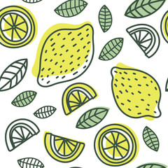 Lemon seamless pattern. Hand drawn fresh tropical citrus fruit. Vector sketch background. Color doodle wallpaper. Yellow and blue print