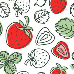 Strawberry seamless pattern. Hand drawn fresh berry. Vector sketch background. Color doodle wallpaper. Red and green print