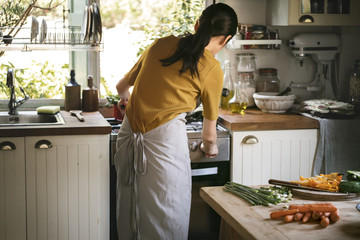 Asian woman cooking in her kitchen - obrazy, fototapety, plakaty