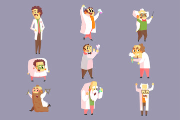 Set Of Funny Mad Scientists In Lab Coats