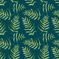 Seamless Realistic Watercolor Greenery Pattern. Hand Drawn Fern Leaves and Branches Print. Summer, Spring Forest Herbs, Plants Texture. Foliage in Vintage Style. Nature Eco Friendly Concept. Textile