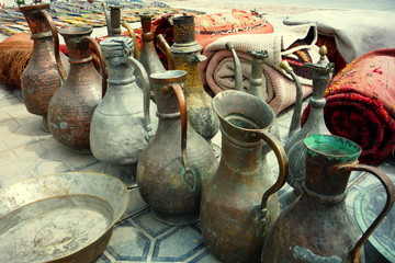 Vintage copper and brass metal pitchers, jugs, trays