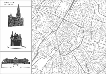 Brussels city map with hand-drawn architecture icons