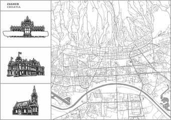 Zagreb city map with hand-drawn architecture icons