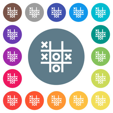 Tic tac toe game flat white icons on round color backgrounds