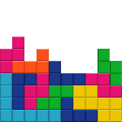 Cubes. Falling blocks style. Multicolored falling blocks blocks. Background created from tetris game elements. Place for text. Game Brick Tetris Template on White Background