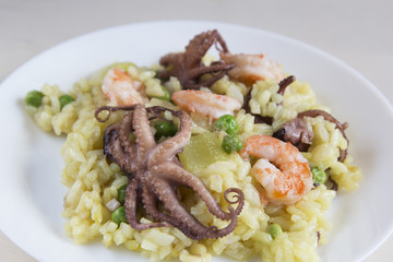 Paella with shrimp and octopus