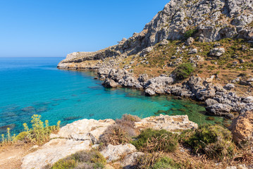 View of beautiful bay with crystal sea water near Agathi beach. Rhodes island, Greece